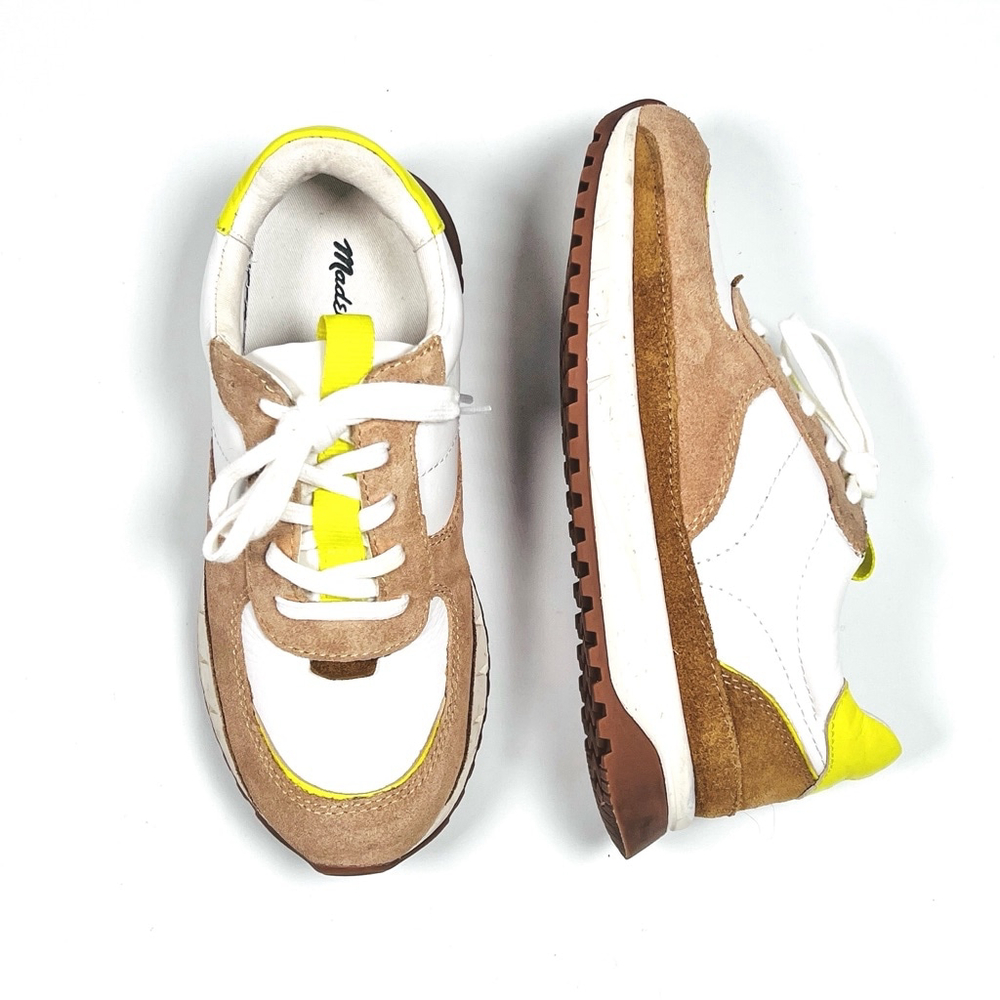 Madewell Mens Sneakers Leather 5M Unisex White Tan Neon Yellow Kickoff Trainers